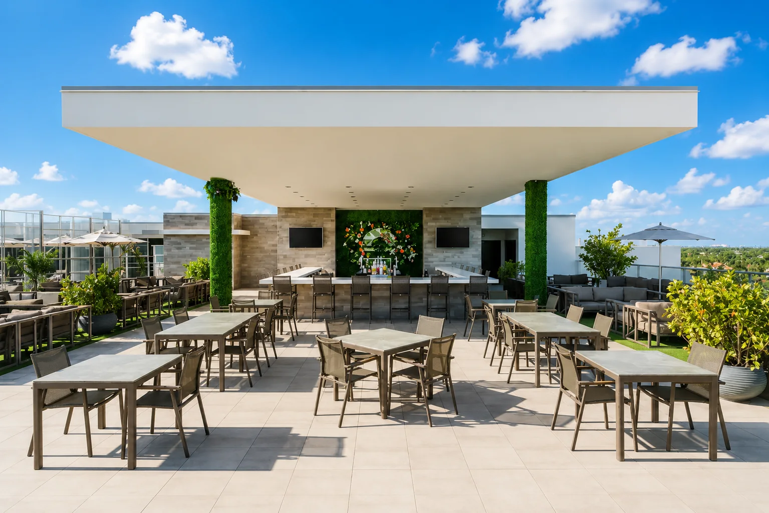 Open-air rooftop terrace with ocean views